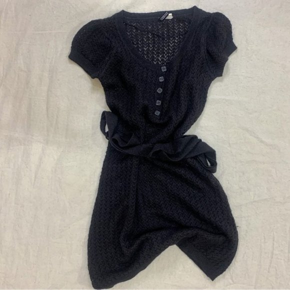 [SOLD] Black H&M Crochet Knit 70’s Style Belted Mini Dress size Small - Picture 1 of 7